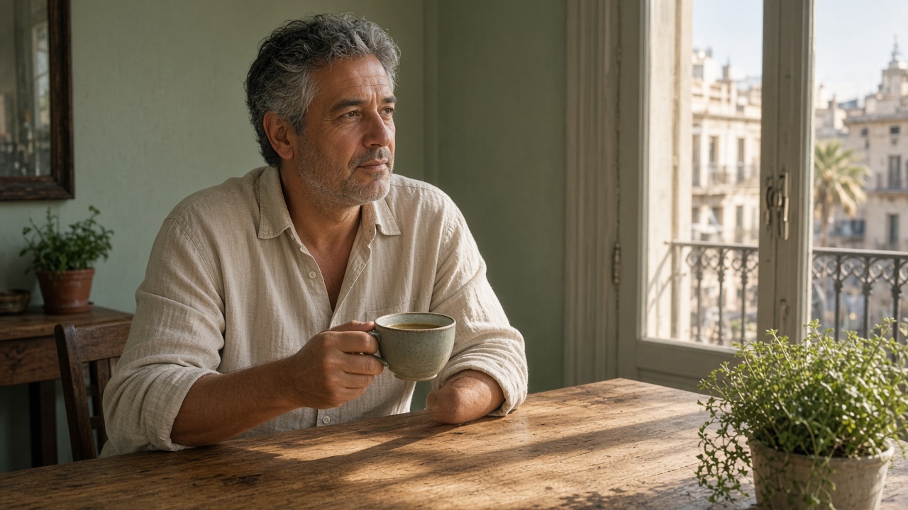 Hombre con infusión en la mesa
